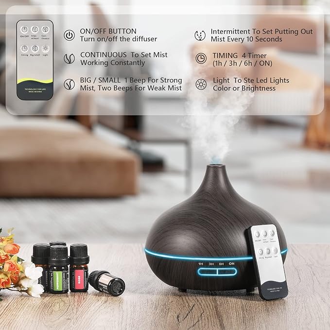SACATR Aroma Diffiser with Essential Oils Set, 550 ML Essential Oil Diffuser with Remote, Ultrasonic Technology Aromatherapy Diffusers Auto Shut-Off for Office, Home
