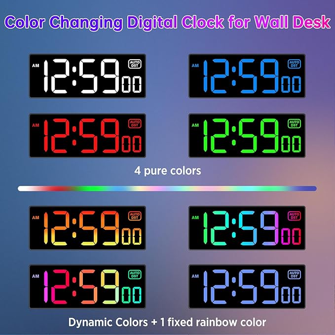 Soobest Large LED Digital Wall Clock 8 RGB Color Changing Display, Corded Plug in Electric Digital Clock with Seconds for Living Room Bedroom Desk Table Office, 5 Dimmers, Auto DST, 10 Inches