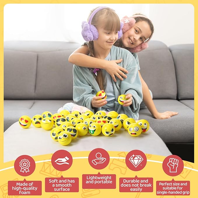 Libima 120 Pcs Face Stress Balls Bulk 2 Inch Foam Face Squeeze Balls Mini Yellow Funny Stress Relief Ball for Kids Adults Coworkers Relief Squeeze Finger Exercise School