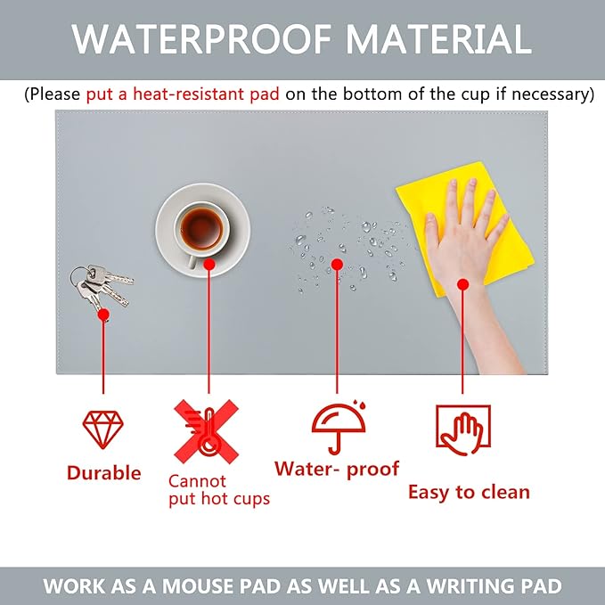 AKOZLIN 35.4"x 18.9" Soft PU Leather Surface Office Desk Mouse Mat Anti-Push Pad with Full Grip Fixation Lip Table Blotter Edge-Locked Protector Grey