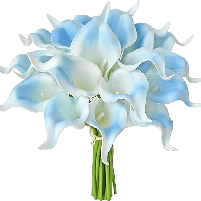 Mandy's PU Light Blue Calla Lily Artificial Flowers 20 Stems 13.5in Faux Realistic Centerpiece DIY Bridal Bouquet Home Décor