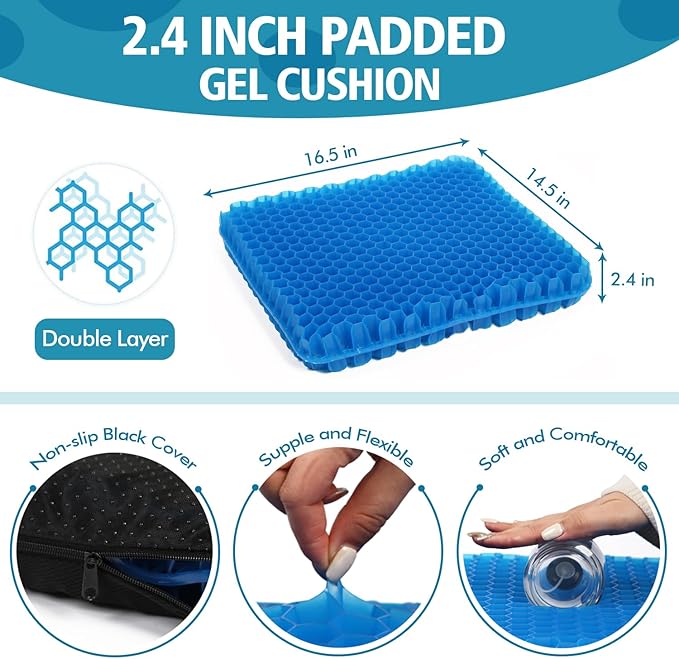 Gel Seat Cushion for Long Sitting Pressure Relief for Back, Sciatica, Coccyx, Tailbone Pain - 2.4" Super Thick Breathable Cooling Cushion for Office Chair, Wheelchair, Car & Truck, Desk Chairs
