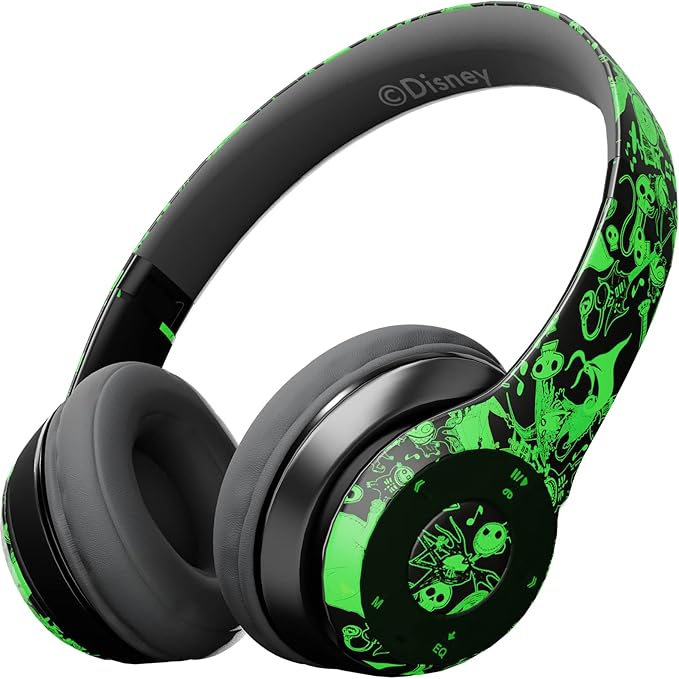 iJoy Disney Nightmare Before Christmas Glow in The Dark Bluetooth Headphones Over Ear, Wireless and Wired Foldable Headset Built-in Microphone - Tim Burton Jack Skellington & Sally - Adults Kids