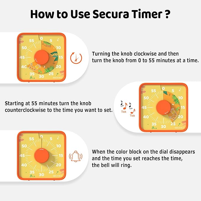 Secura 7.5-Inch Animal Pattern Visual Timer for Kids, 60-Minute Countdown Timer for Classroom or Kitchen, Durable Mechanical Timer Clock with Magnetic Backing (Orange)