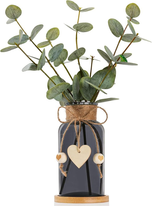 Artificial Eucalyptus Greenery Stems in Glass Vase,15" Doule Side 3D Fake Plants Eucalyptus Leaves faux Greenery for Centerpiece Table Decorations Home Room Decor office Desk Green Decor (Black)