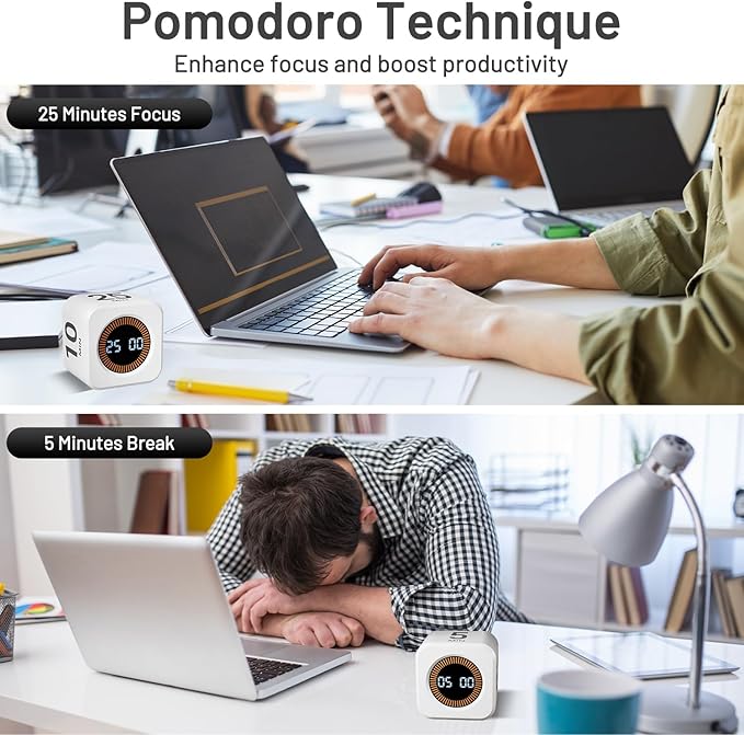Rotating Pomodoro Timer, 5/10/25/50 Minutes, Countdown & Stopwatch, Desk Productivity, ADHD Tool Cube Flip Timer, Adjustable Silent, for Study, Work, Kitchen (White)