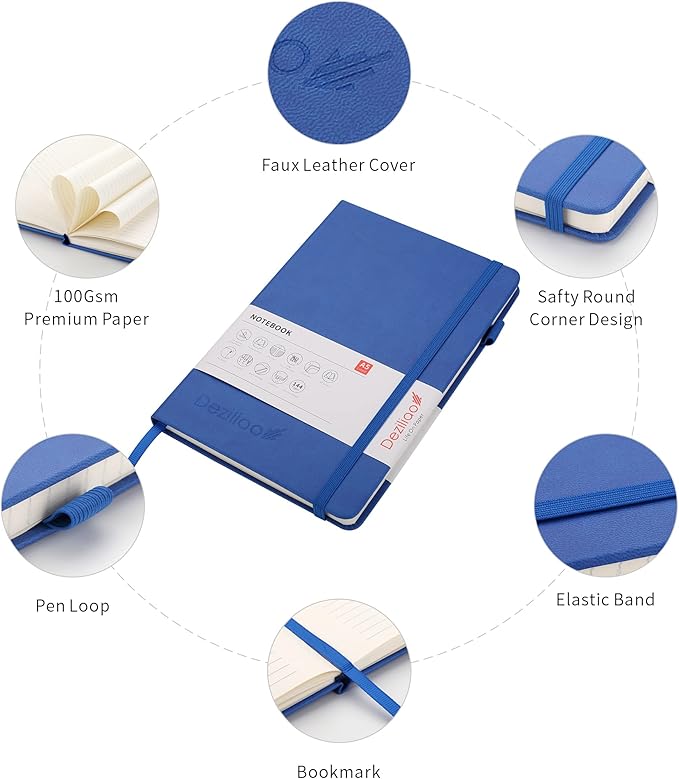 Deziliao Lined Journal Notebooks with Pen Loop, Hardcover Notebook Journal for Work, 100Gsm Premium Thick Paper with Inner Pocket, Medium 5.7"x8.4", （Blue, Ruled）