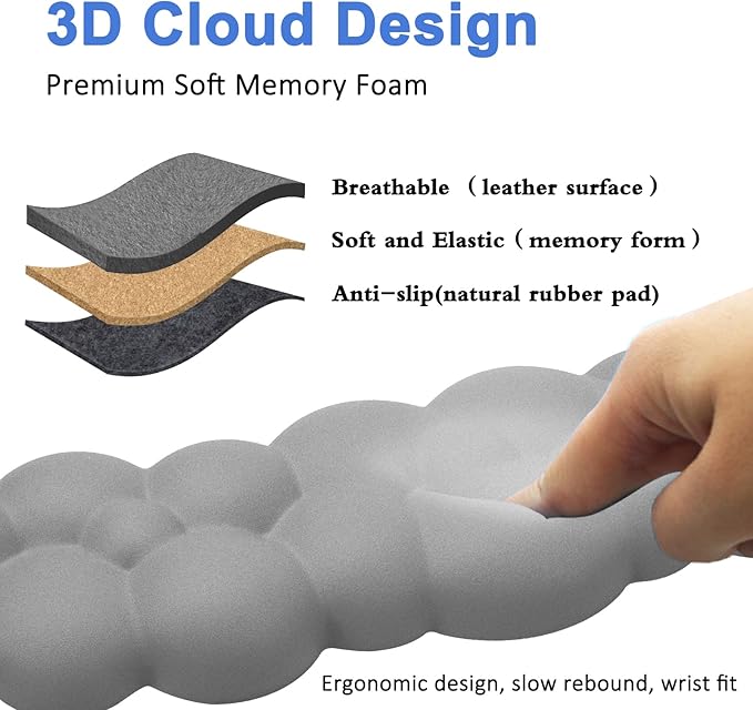 Cloud Keyboard and Mouse Wrist Rest Pad for Computer Arm Pain Relief- Ergonomic Wrist Support Mousepad with Non-Slip PU Base for Office, Gaming, and Home Use Anti-Fatigue(Gray)