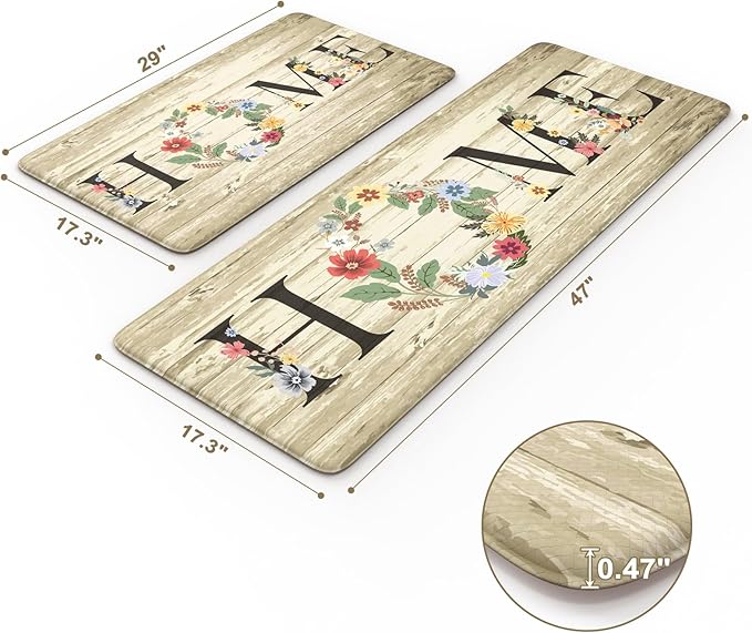 KIMODE Anti Fatigue Kitchen Mats for Floor 2 Piece,Farmhouse Floral Rugs Cushioned,Comfort Memory Foam Carpet Non Slip for Sink Laundry Office Bathroom,Beige 17"x47"+17"x29"