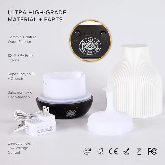 Essential Oil Diffuser Lamp, White Ceramic + Black Wood, Ultrasonic 180ml Whispersoft, 4 Timers | 5 Light Settings, Auto Shut Off, Home + Office, Humidifier Air Purifier Aromatherapy