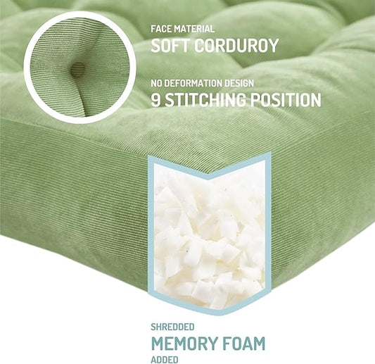 Degrees of Comfort Meditation Floor Pillow, Square Large Pillows Seating for Adults, Tufted Corduroy Cushion for Living Room Tatami, Green 22x22 Inch