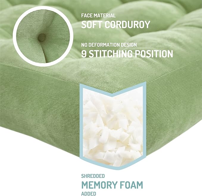 Meditation Floor Pillow Set of 2, Square Large Pillows Seating for Adults, Tufted Corduroy Cushion for Living Room Tatami, Green 22x22 Inch