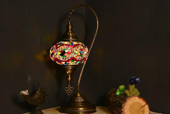 mozaist Turkish Mosaic Gooseneck Bedside Table Lamp, Handmade Boho Colorful Nightstand for Bedroom Corner, Moroccan Vintage Rustic Home Decor Desk Light with E12 Socket & US Plug (Anatolian Rug)