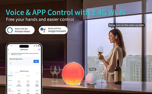 MOMILLA Smart Kids Alarm Clock, White Noise Sound Machine, Sunrise Wake-up Light with App Control, FM Radio, Sunset Night Light, Dual Alarms for Heavy Sleepers