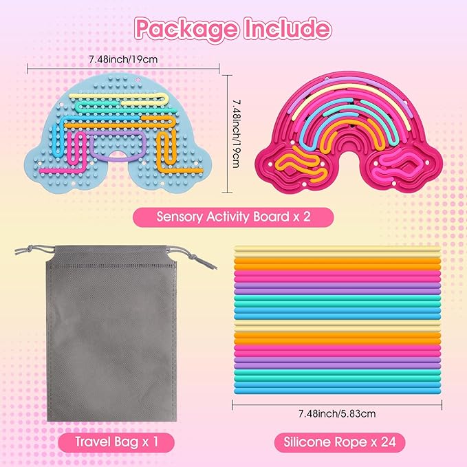 2 Pack Sensory Activity Board Silicone Fidget Toy, Double-Sided Rainbow Sensory Toys for Autism, Stress, Anxiety, ADHD, Kids 3+& Adults, Includes Travel Bag & 24 Strings, Red & Blue
