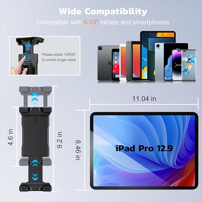 OHLPRO Treadmill Tablet Holder for iPad Mic Stand Mount, Bicycle Handlebar Clamp for Microphone Peloton Exercise Spin Bike Stroller for 5-13” iPad Pro 12.9 Air Mini, Galaxy Tab, iPhone, Fire HD 10