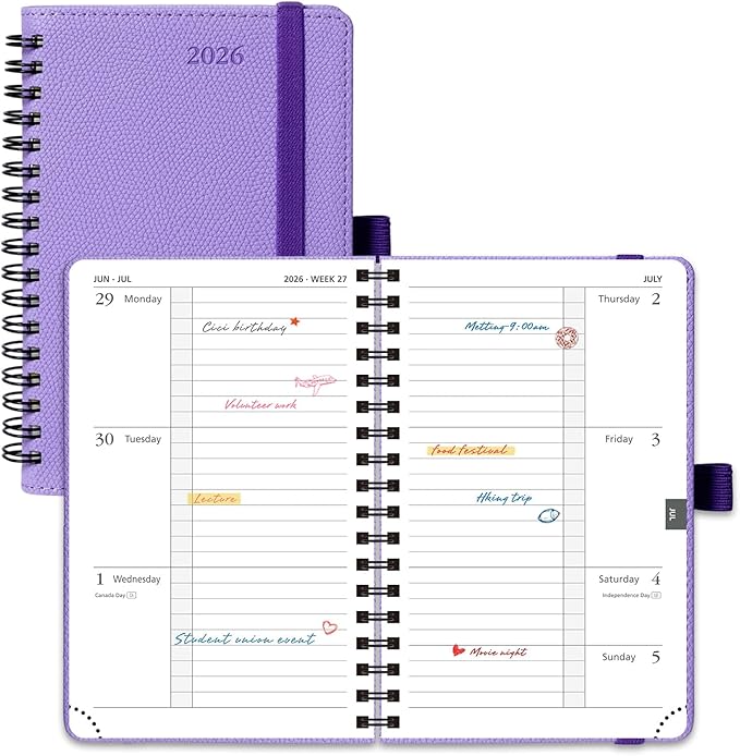 POPRUN 2026 Pocket Planner, (Small Size-4'' x 6.25'') - Daily Weekly and Monthly Calendar Agenda 2026 Appointment Book with Monthly Tabs, Spiral Soft Cover, Inner Pocket, 100 GSM - Lavender