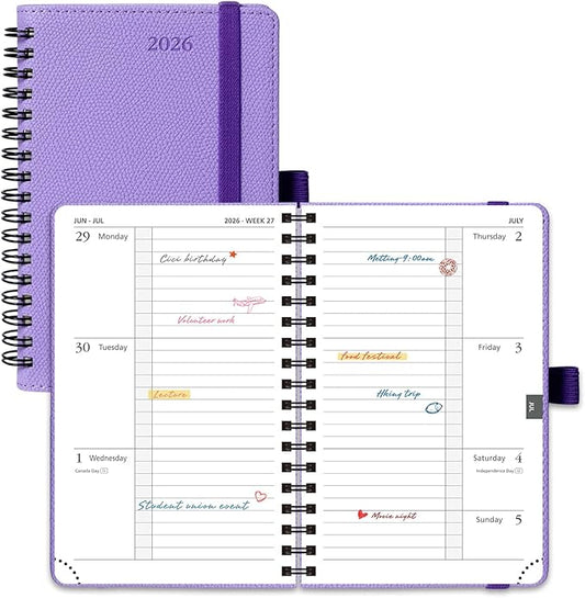 POPRUN 2026 Pocket Planner, (Small Size-4'' x 6.25'') - Daily Weekly and Monthly Calendar Agenda 2026 Appointment Book with Monthly Tabs, Spiral Soft Cover, Inner Pocket, 100 GSM - Lavender
