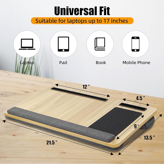 Natural Wood Laptop Tray for Lap - Portable Laps Desk for Lap with Cushion, Lightweight Laptop Lap Tray with Mouse Pad, Fits Laptops Up to 17 Inches, Built-in Mouse Pad, Tablet Phone Holder, Beige