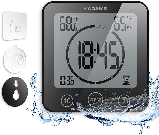 KADAMS Shower Clock Waterproof Bathroom Timer – Digital Wall Clock with Countdown, Magnetic Kitchen Clock with Temperature & Humidity, Suction Cup for Kids Shower Spa Sauna Cook Bath (Black)