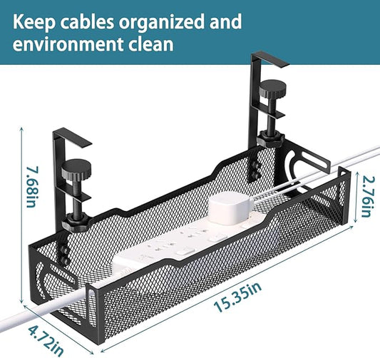 Under Desk Cable Management Tray, No Drill Mesh Desk Cable Tray, Wire Management Tray Cable Management Rack, Wire Organizer and Cable Management Box (Black)
