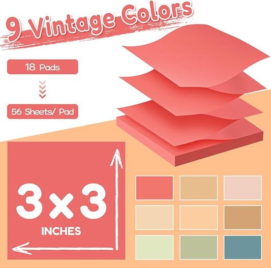 (18 Pads) Pop Up Sticky Notes 3x3 Refills, Vintage Color, Strong Adhesive Memo Pad Bulk, Suitable for Home, Office, School, Clean Removal