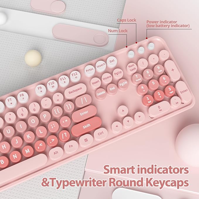 Fogruaden Pink Retro Typewriter Keyboard and Mouse Wireless, 2.4GHz Office Full-Sized Colorful Computer Keyboard with Number Pad and Cute Mouse for Windows PC Desktops Laptop