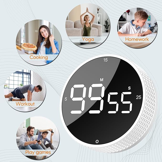 Upgrade Digital Kitchen Timer - Magnetic Countdown Countup Visual Pomodoro Timer with Large LED Display, 3-Preset Times (5, 15, 25), 3 Volume Levels, Ideal for Cooking, Baking and Fitness (1, White)