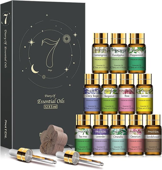 Essential Oil Set, 12x5ml Essential Oils Gift Set with Diffused Wood, 100% Natural Pure Essential Oils for Diffusers DIY Candle Soap Making