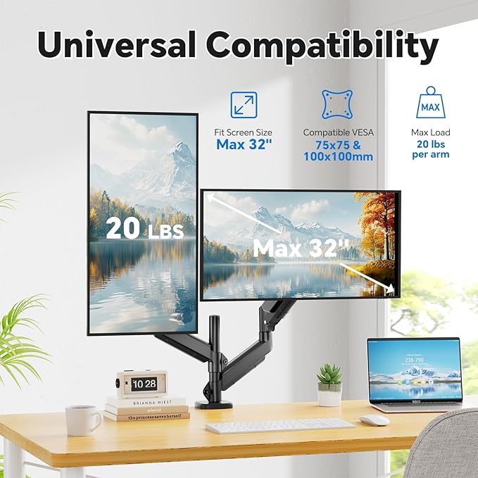 Simple Trending Dual Monitor Stand, Monitor Arm, Computer Stand, Adjustable Stand for 2 Monitors Holds up to 20 lbs, Vesa Mount for 17-32 inch Computer Screens, Black