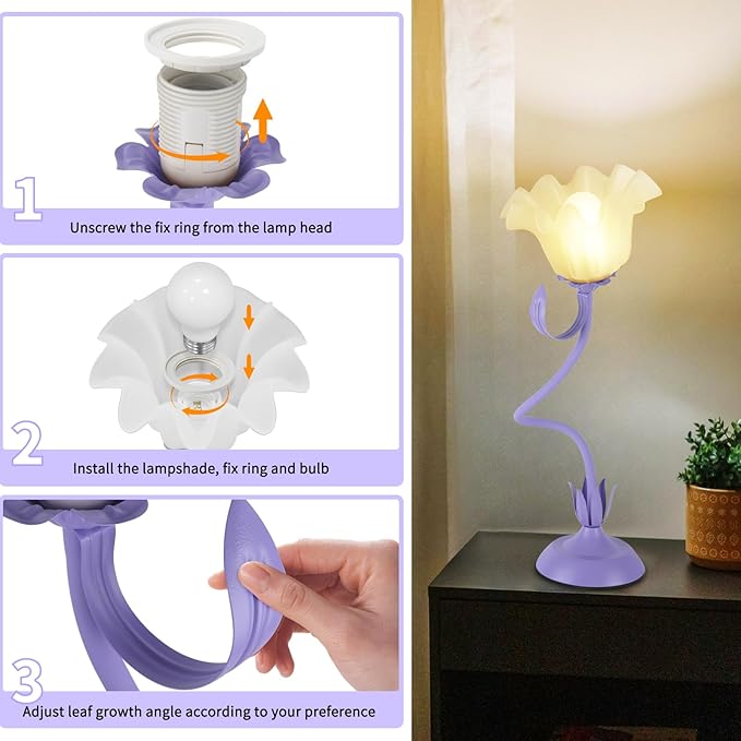 Cute Flower Desk Lamp, 3 Color Temperature Table Lamp with LED Bulb, Vintage Bedside Lamps, Reading Lamps with Soft Light for Bedroom, Living Room（Purple）
