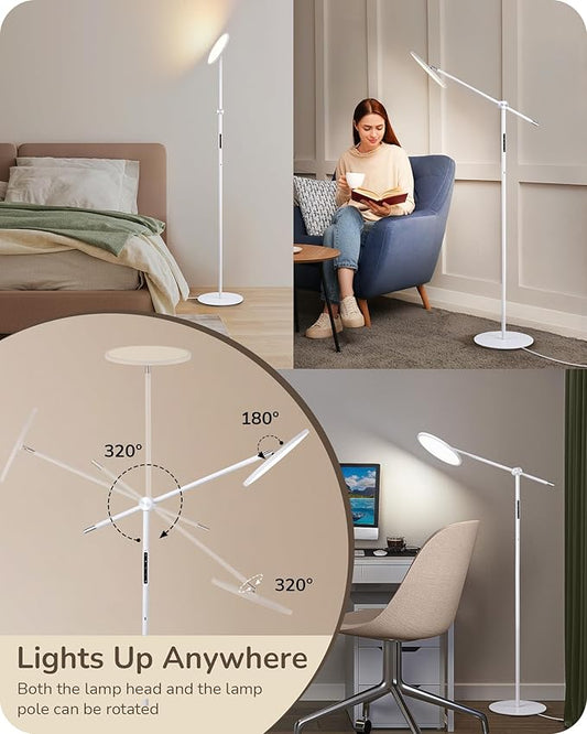 EDISHINE LED Reading Floor Lamp, 1600LM Bright Dimmable Lamp with Type-C Port, Flexible Head & Arm Tall Standing Lamps for Living Room, 3000K-6000K Modern Minimalist Lights for Bedroom, Office, White