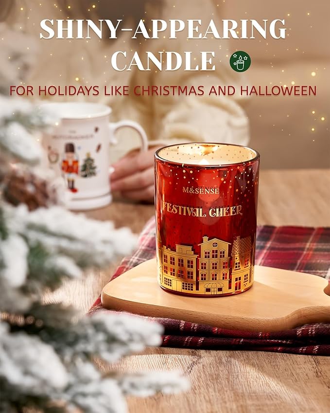 M&SENSE Festival Cheer Wooden Wick Holiday Candle, 18oz Almond & Apple Highly Scented Clean Natural Soy Wax Candle, 100 Hours Burn Candle, Aromatherapy Large Candle for Housewarming Bathroom Bedroom
