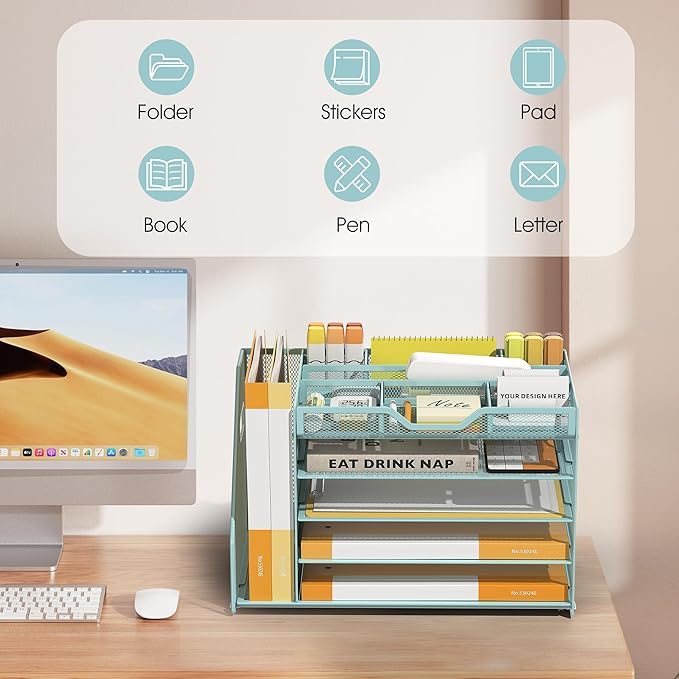 5 Tier Paper Letter Tray with File Holder and 3 Drop-in Pen Holders, Mesh Desk File Organizer with Handle, Desk Organizers and Accessories for School,Home, Office Supplies Storage-Blue