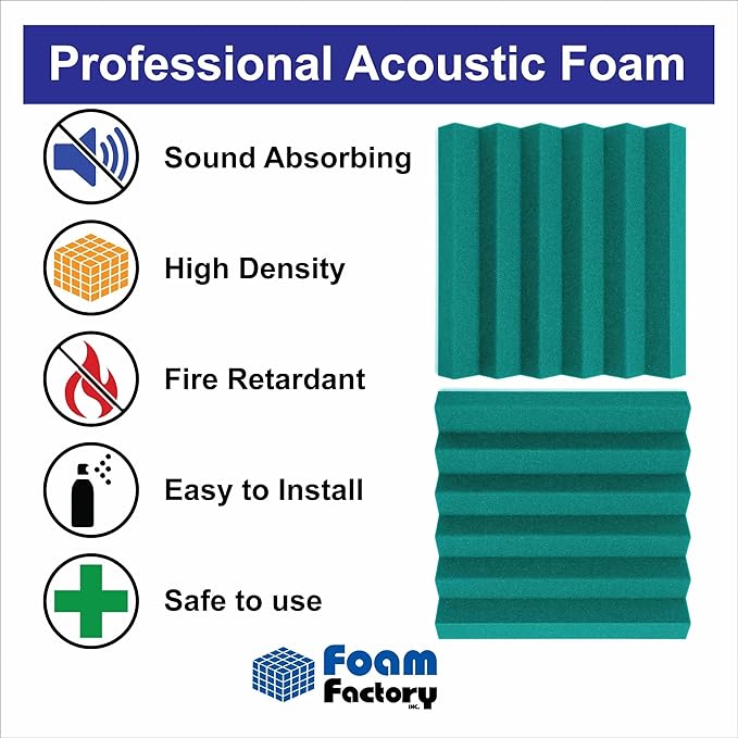Foam Factory Inc 24 Pack Color Acoustic Foam Panel Studio Soundproofing Wedge Wall Tiles 12” X 12” X 2” (Teal)