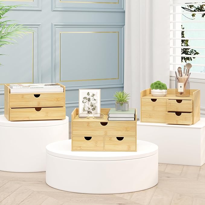 Wisuce Bamboo Desk Organizer - Mini Bamboo Desk Drawer Tabletop Cosmetic Storage Organization for Office or Home (Nature 2 Drawers)
