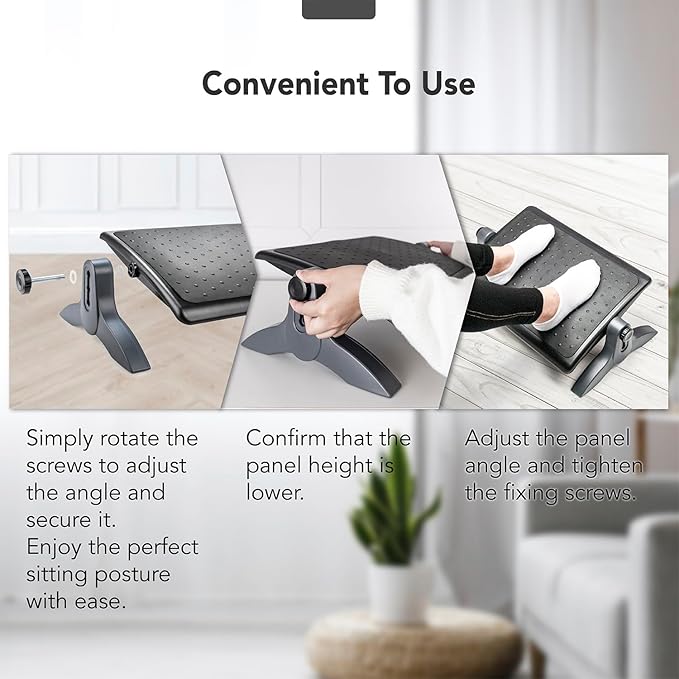 EHO Ottoman, Ergonomic Foot Rest for Under Desk, Adjustable Height and Angle, Rubber Platform, Anti-Slip, Ankle Support, Detachable Washable Cushion, Back and Leg Pain Relief, 21.6"L x 11.4"W, Black