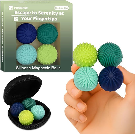 Magnetic Sensory Fidget Balls – 4PC Medium Weighted Textured Silicone Stress Relief Toys for Adults & Teens with ADHD, Autism, Anxiety – Quiet Magnet Fidgets for Desk, Travel, Office & Gifts