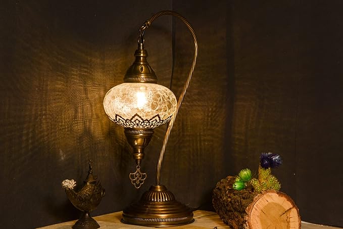 mozaist Turkish Moroccan Clear Glass Swan Neck Table Lamp, Authentic Vintage Bohemian Lamp Shade, Tiffany Style Gooseneck Office, Living Room Rustic Decor with E12 Socket & US Plug (Crack Clear)