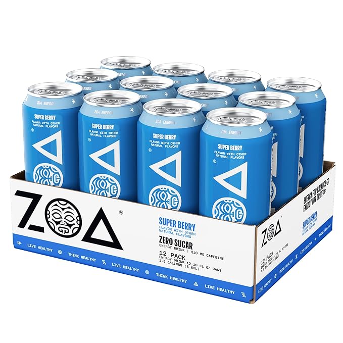 ZOA Zero Sugar Energy Drinks, Super Berry - Sugar Free with Electrolytes, Healthy Vitamin C, Amino Acids, Essential B-Vitamins, and Caffeine from Green Tea - 16 Fl Oz (12-Pack)