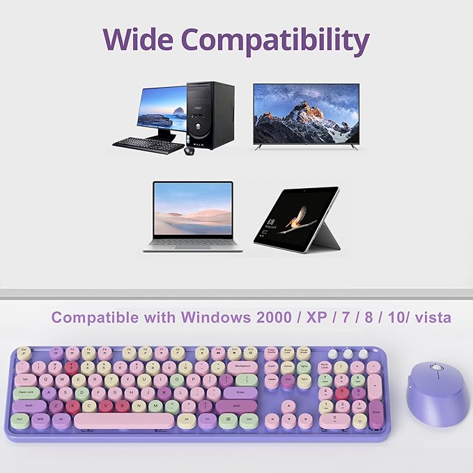 Fogruaden Purple Keyboard and Mouse Wireless, Retro Typewriter Keyboard, 2.4GHz 104 Keys Full Size Cute Keyboard with Number Pad, Purple Colorful Keyboard with Round Keycap for Windows PC Laptop