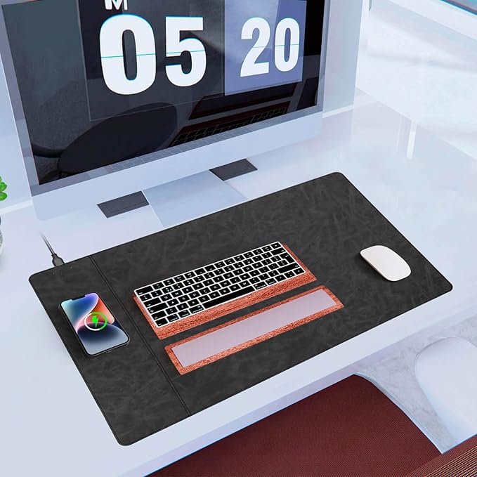 Magnetic Wireless Charging Desk Mat, Office Large Office Mouse Pad, Microfiber Leather Mouse Mat with Ultra-Smooth Surface, Waterproof Computer Keyboard Desk Mat for Office & Home, Laptop, Gray