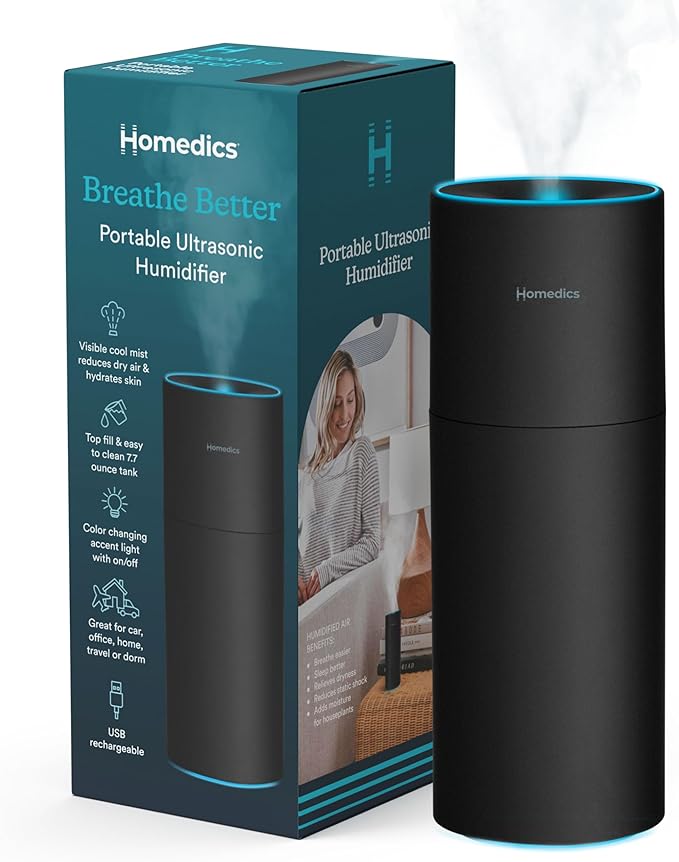 Homedics Portable Humidifier - Small Air Humidifiers for Bedroom, Plants, Office, Travel - Cool Mist Humidifiers, Color-Changing Accent Light, 2 Mist Settings, Black