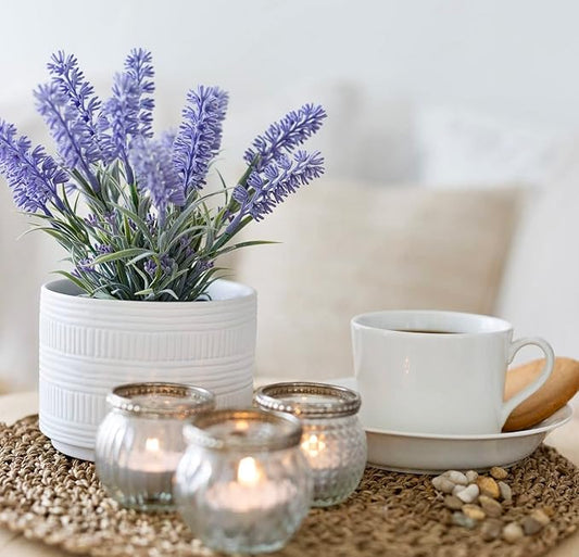 Kurrajong Farmhouse Large Fake Lavender Plant | 9" high Artificial Lavender Plant in White Matte Ceramic Pot | Pretty Faux Plant Desk Decor