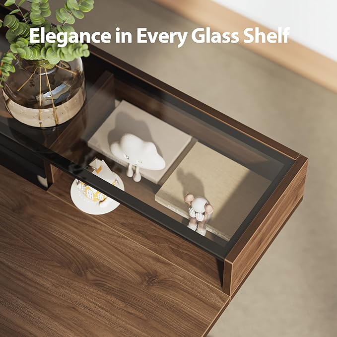 Agilestic Glass Standing Desk with Storage, 48 Inch Electric Adjustable Desk with Glass Shelf and Cable Management, Sit Stand Up Home Office Computer Table, Splice Board, Dark Walnut