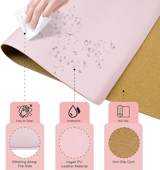 Non Slip Desk Mat, 31.5" x 15.7" PU Leather Desk Pad, Cork Desk Mat for Desktop, Desk Pad for Keyboard and Mouse, Ideal for Office and Home, Pink