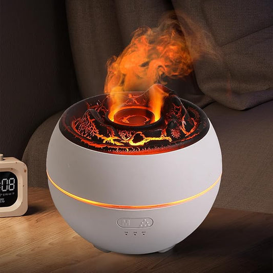 Essential Oil Diffuser, Volcano Fire Flame Aromatherapy Diffuser, 360ml Ultrasonic Cool Mist Humidifier, Scent Aroma Diffuser with 7 Colors Light, Timer & Auto Shut-Off for Home, Room (White)
