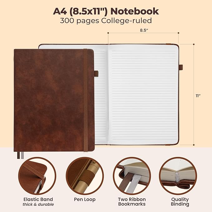 Thick Lined Journal Notebook 8.5x11" with Big A4 Hardcover Leather - Brown - 300 Pages College Ruled Large with Sticky Tabs, Pockets, and Pen Loop for Writing and Journaling - Hardback Men and Women