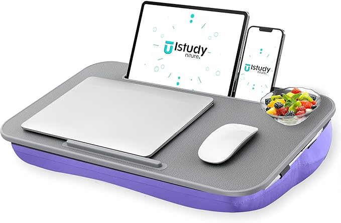 Istudyniture Lap Desk | Portable Laptop Desk & Stand – Fits Up to 17 inch – Washable Cushion, Built-in Phone Holder – for Bed, Couch, Sofa, Floor – Writing, Reading, Home Office – Large, Purple