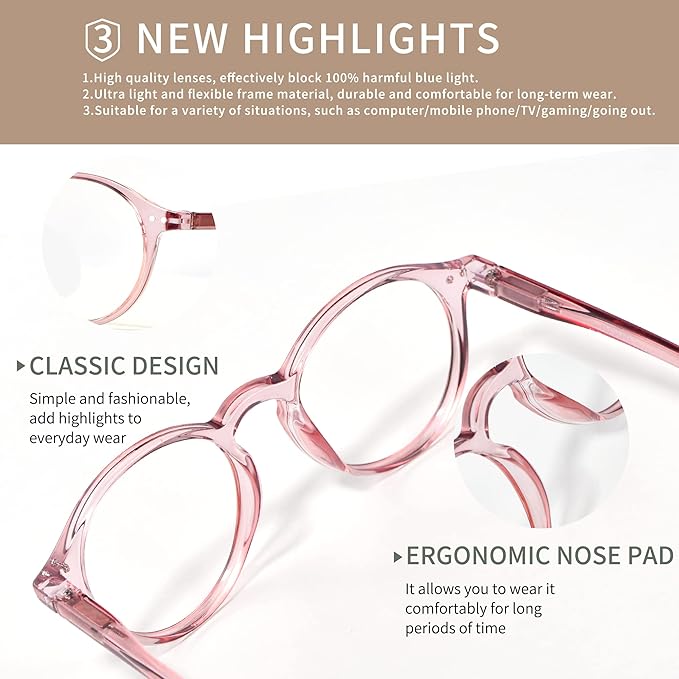 Blue Light Blocking Glasses Round Retro Computer Gaming Glasses Women Men UV Protection AB3303 (Grey/Pink)